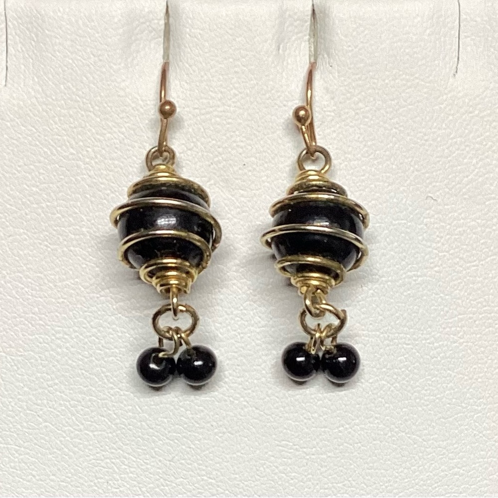 Vintage 90’s Faux Gold Wire Cage Wrapped Black Bead Sphere French Hook Earrings